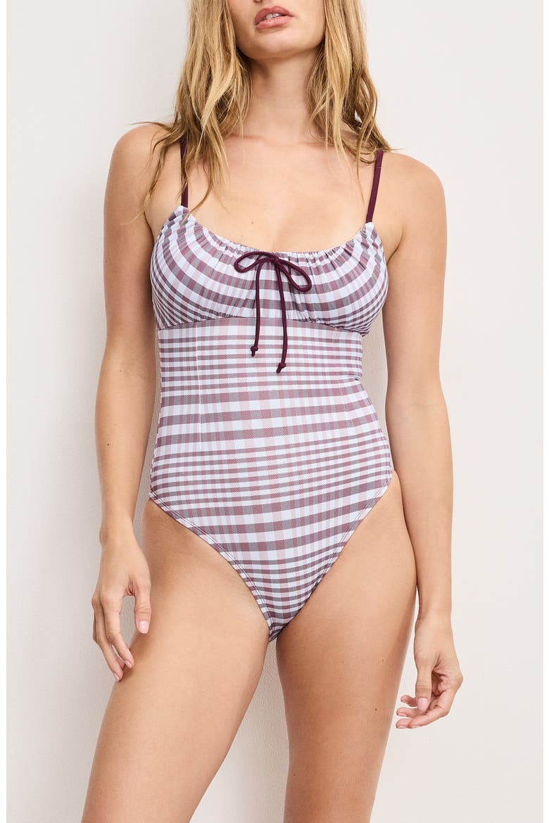 Plaid Drawstring Cutout One-Piece Swimsuit, Main, color, FIG PLAID
