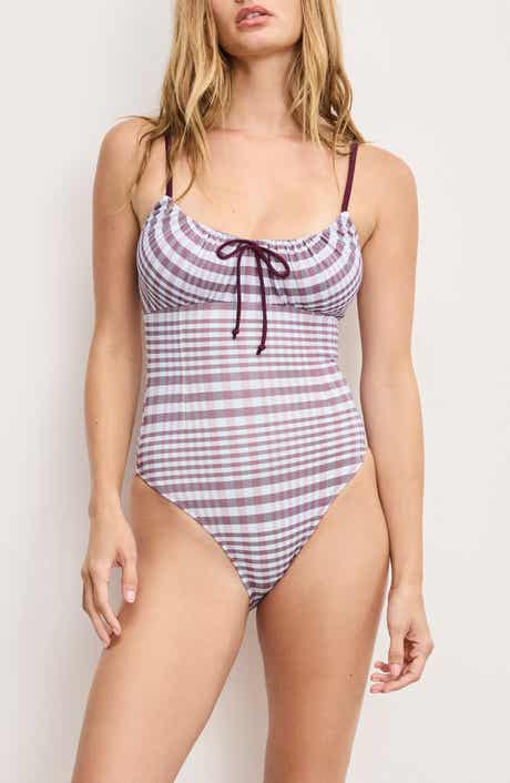 Good American Plaid Drawstring Cutout One-Piece Swimsuit