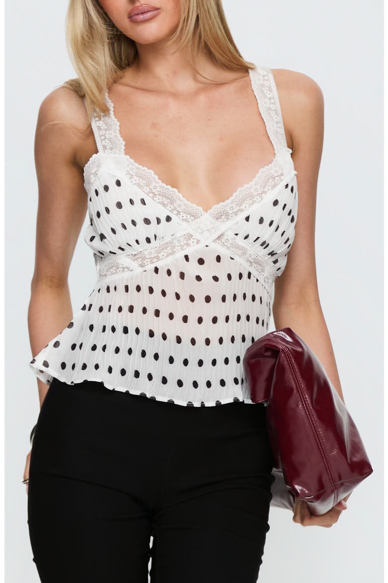 Raydon Lace Trim Pleated Cami Top, Main, color, WHITE / BLACK POLKA