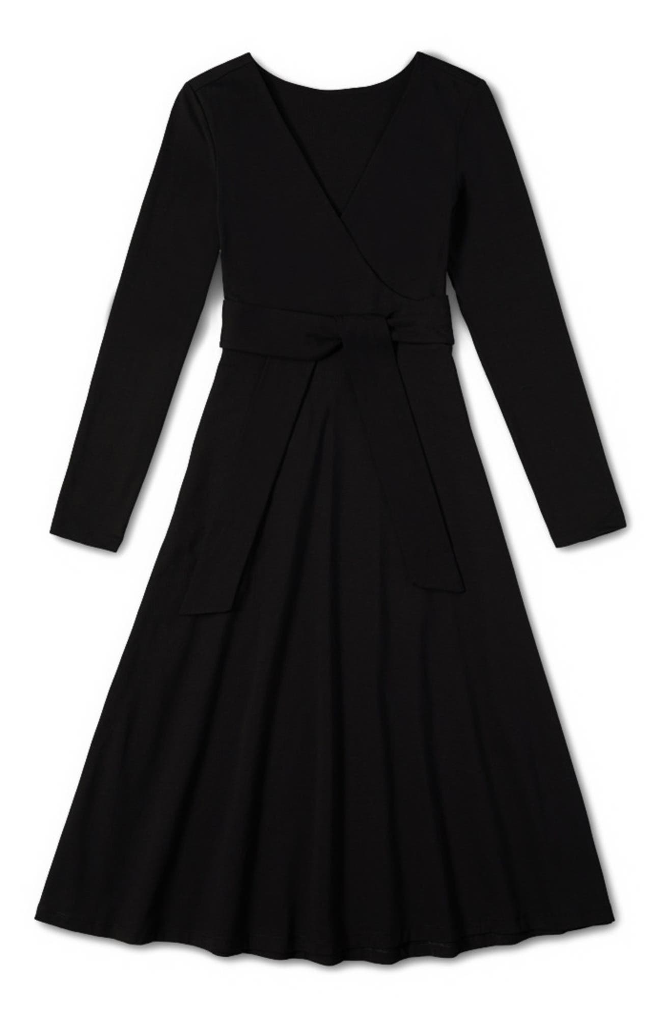 cotton black wrap dress Black Cotton Flax Ruffle Midi Wrap Dress 40" / Petite (5'1" and below)
