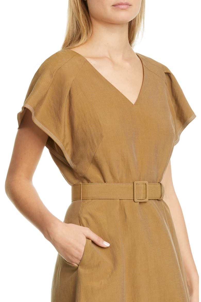 Kline Belted Silk & Linen Midi Dress, Alternate, color, SHIITAKE