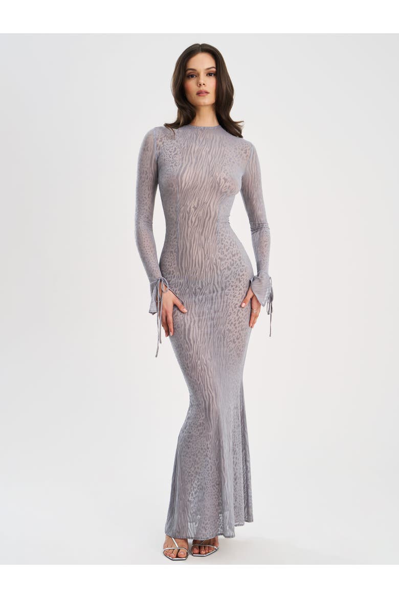 Waylynn Gray Animal Print Burnout Velvet Detail Mesh Backless Maxi Dress, Alternate, color, Grey