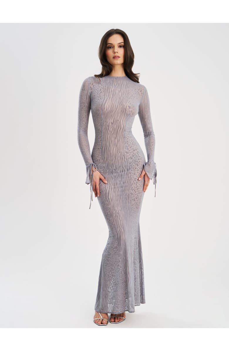 Miss Circle Waylynn Gray Animal Print Burnout Velvet Detail Mesh Backless Maxi Dress, Alternate, color, Grey