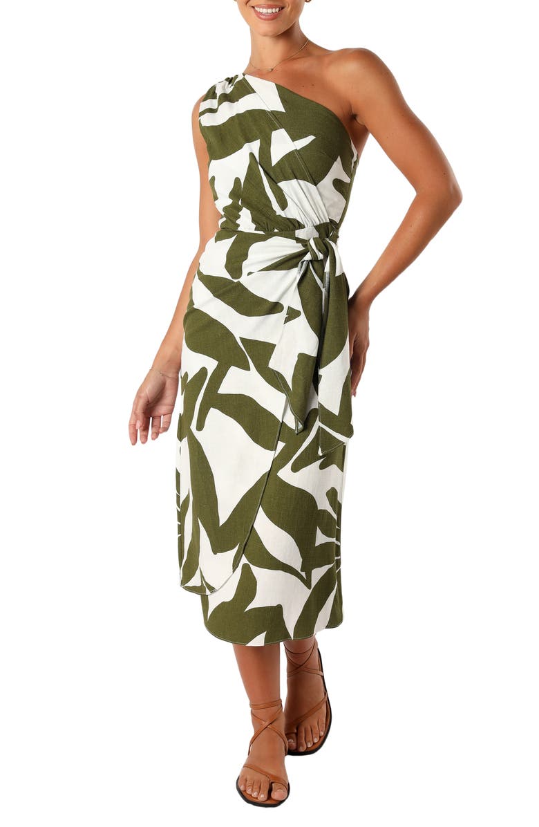 Petal & Pup Zara Print One-Shoulder Midi Dress, Main, color, Olive Palm