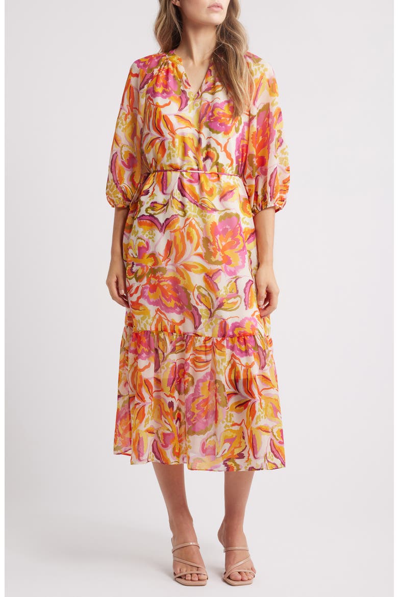 Floral Midi Dress, Main, color, ORANGE MULTI