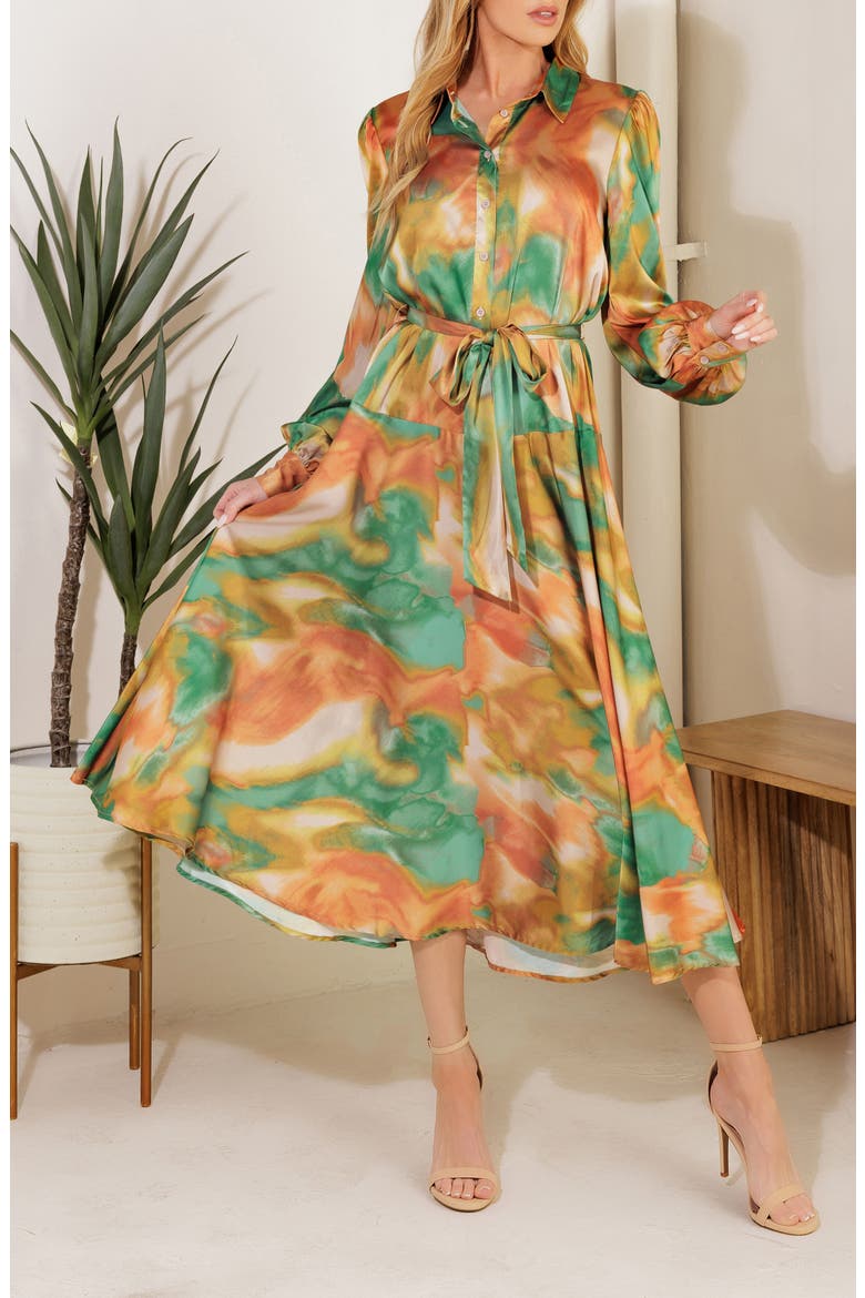 Wanna Be Loved Long Sleeve Tie Waist Shirtdress, Alternate, color, GREEN BROWN