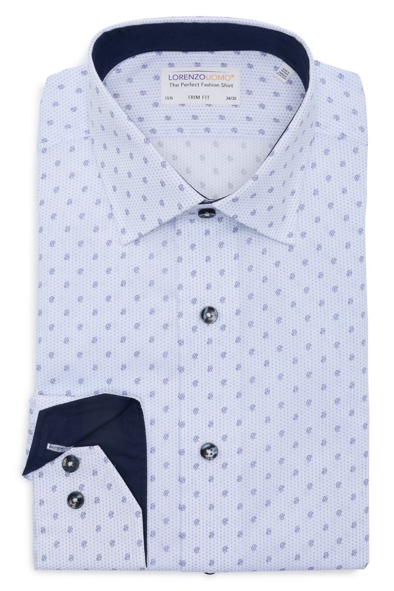 Trim Fit Paisley Cotton Dress Shirt, Alternate, color, WHITE/ LIGHT BLUE
