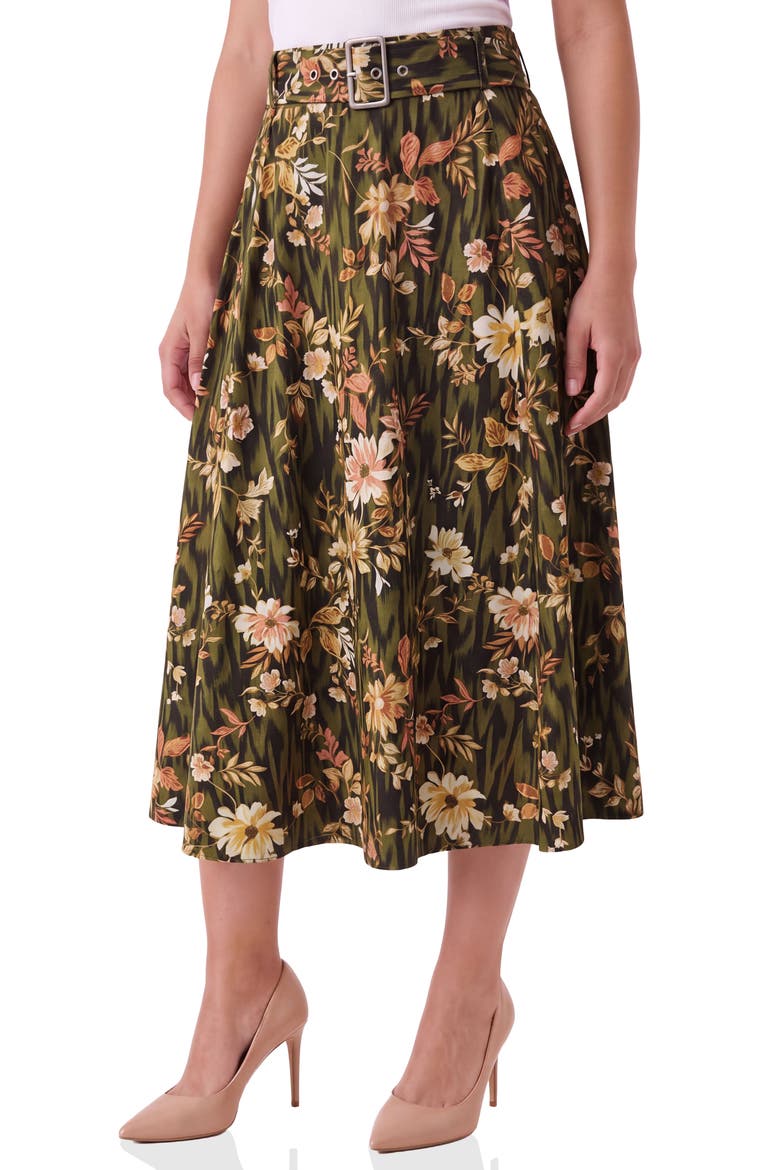 Belted Midi Skirt, Alternate, color, OLIVE ANIMAL FLORAL
