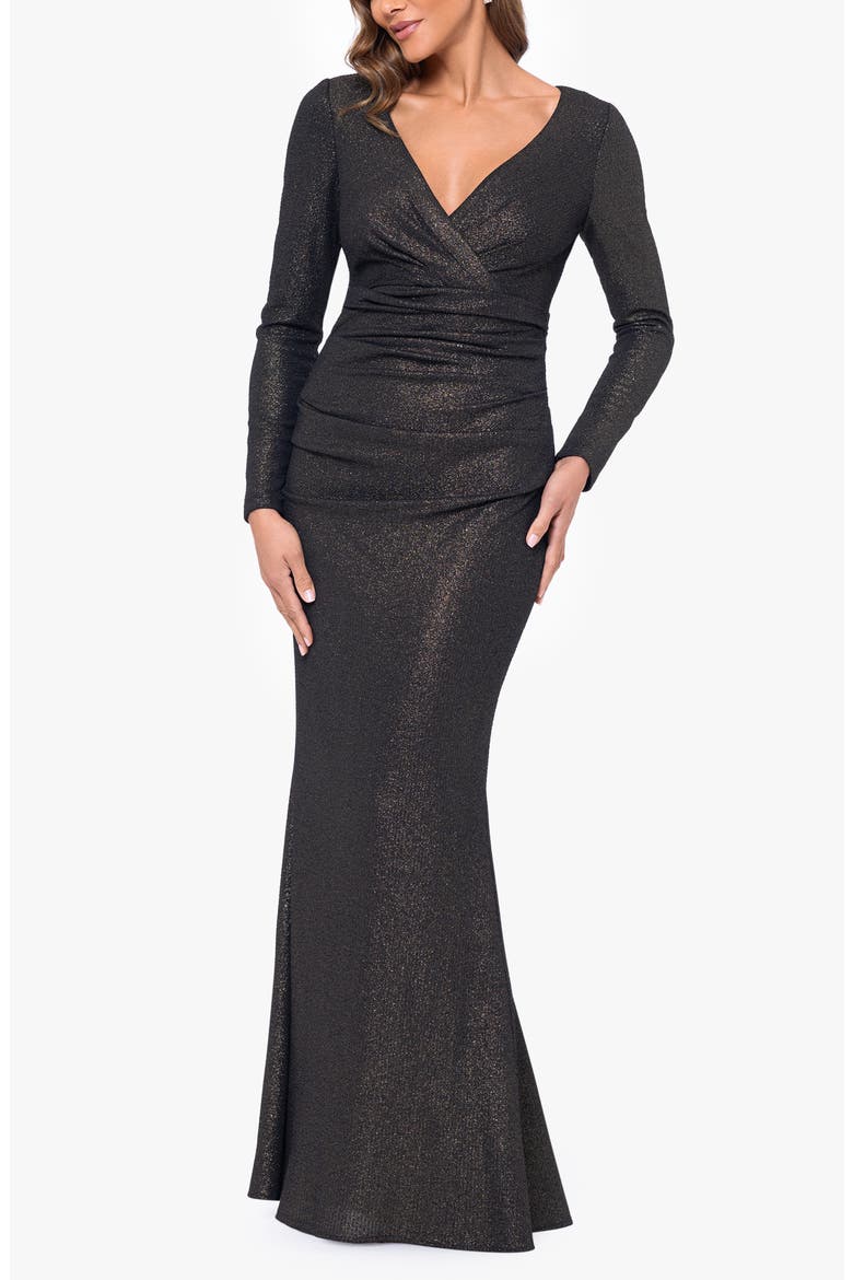 Long Sleeve Metallic Ruched Gown, Alternate, color, BLACK/ GOLD