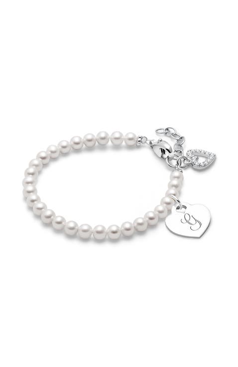 Sterling Silver 4mm Cultured Pearls & Engraved Initial 6.25" Bracelet