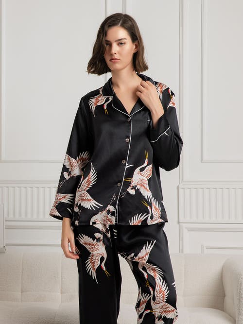 Silksilky 19momme Pure Silk Printed Classic Binding Trim Womens Pajama Set In Black