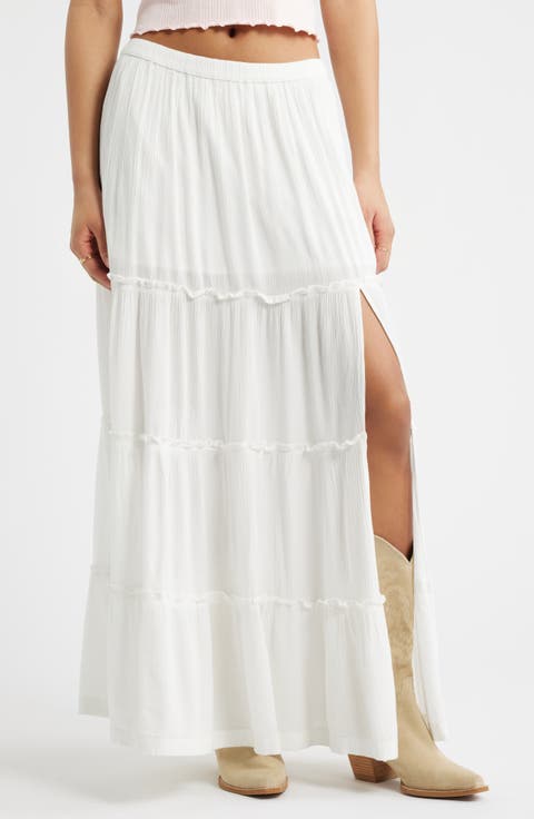 Tiered Linen Blend Crinkled Gauze Maxi Skirt