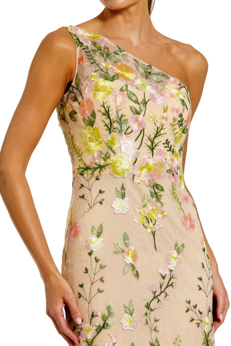 Petite One Shoulder Lace Embroidered Gown, Alternate, color, Yellow Multi