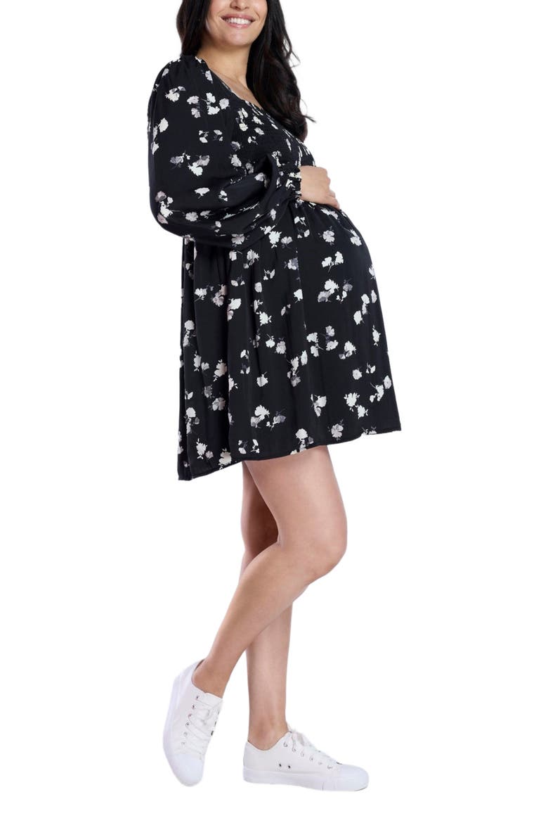 Smocked Babydoll Long Sleeve Mini Dress, Alternate, color, Black Floral