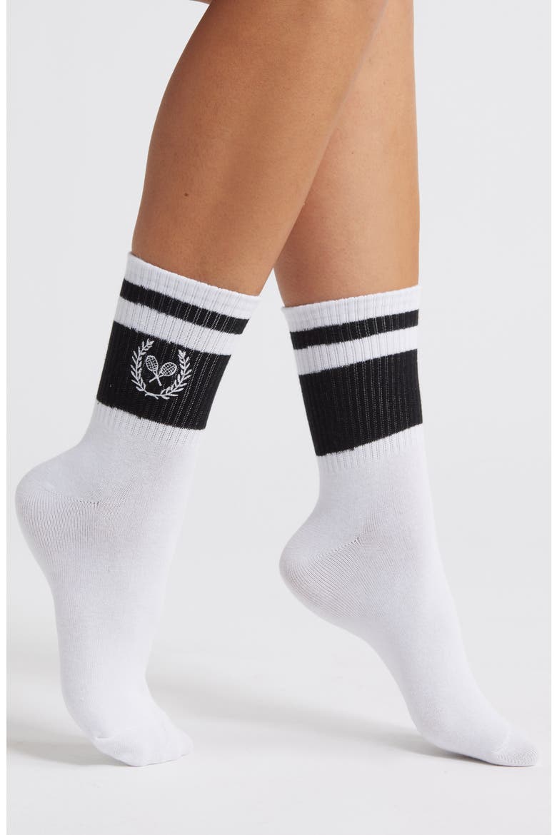 Tennis Club Stripe Crew Socks, Main, color, BLACK