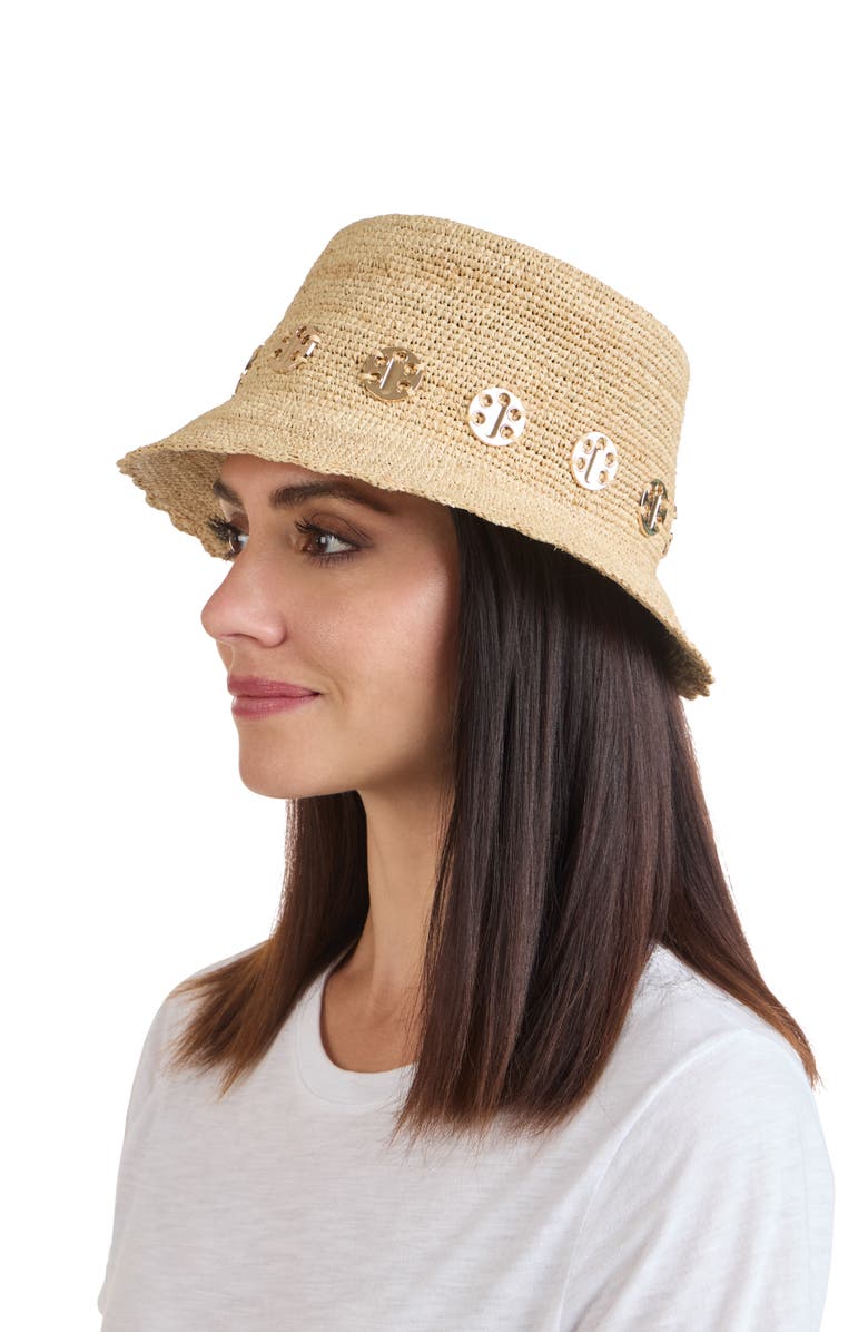 Bruno Magli Straw Crochet Trim Bucket Hat, Alternate, color, 