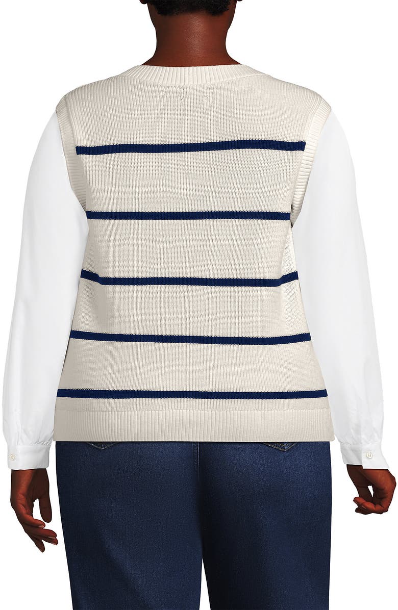 Lands' End Drifter Shaker Button Shoulder Sweater Vest with Poplin Sleeves, Alternate, color, Fresh Ivory/Navy Stripe