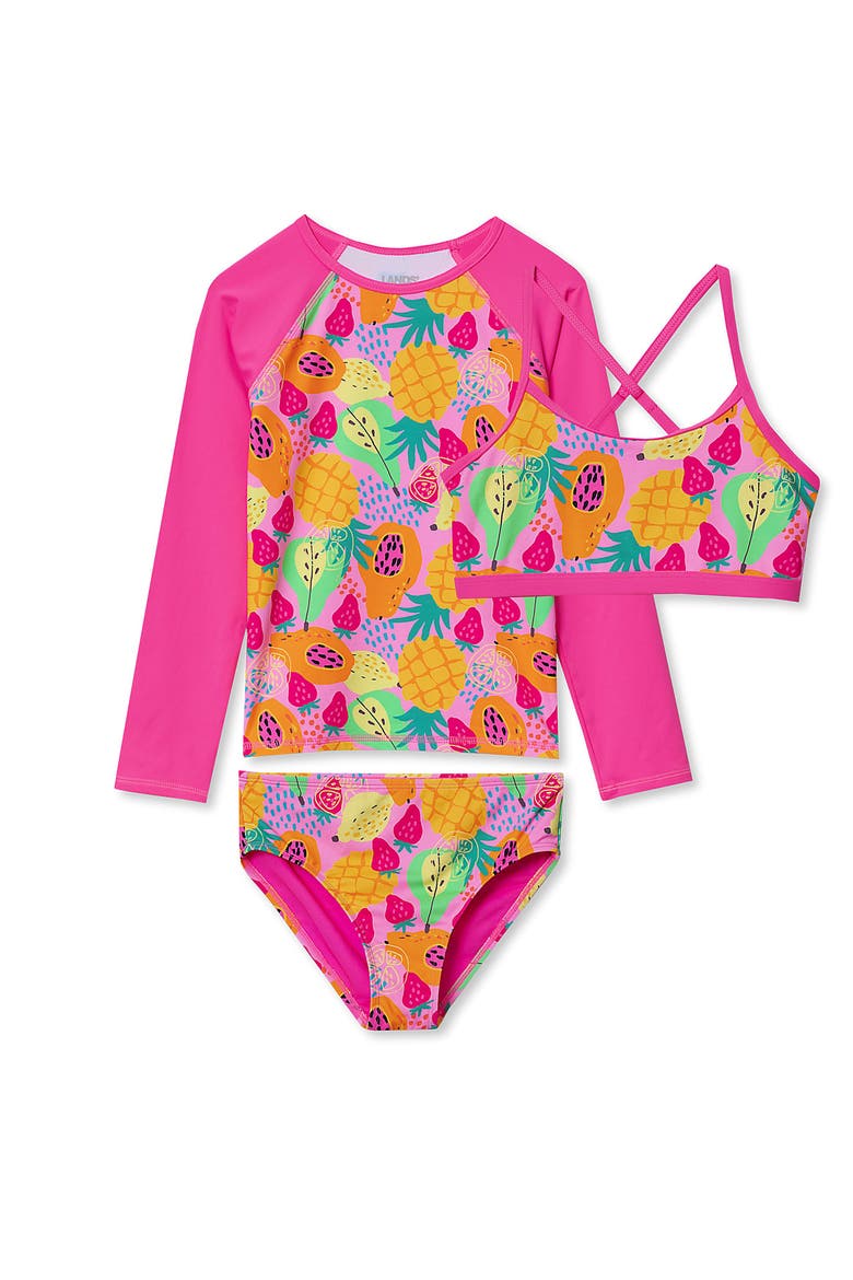 Big Girls 3 Piece UPF 50 Sun Protection Rash Guard Set, Alternate, color, Pink Marble
