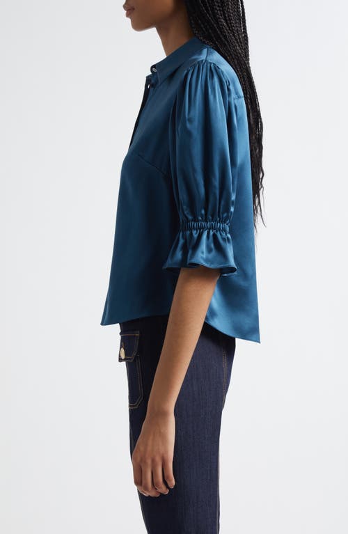 Cinq À Sept Fiona Ruffle Cuff Silk Button-up Shirt In Blue