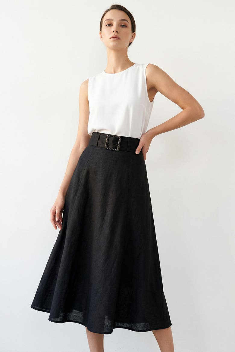 Skyler Midi Linen Skirt, Alternate, color, BLACK