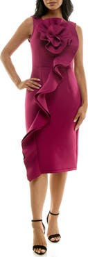 Nina Leonard Oversize Rosette Ruffle Sheath Dress