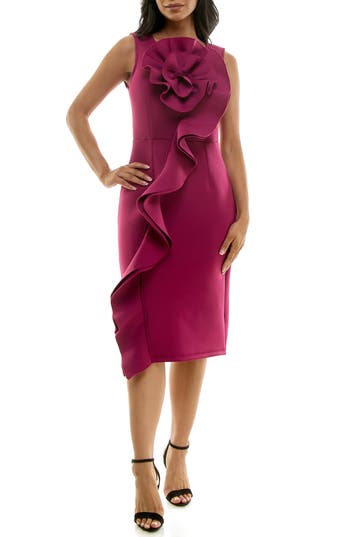 Nina Leonard Oversize Rosette Ruffle Sheath Dress In Sangria