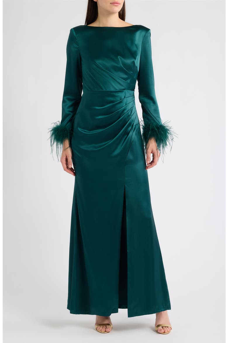 Feather Cuff Long Sleeve Gown, Main, color, HUN