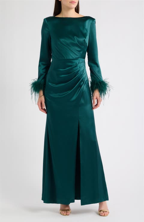 Feather Cuff Long Sleeve Gown