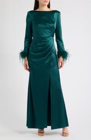 Eliza J Feather Cuff Long Sleeve Gown