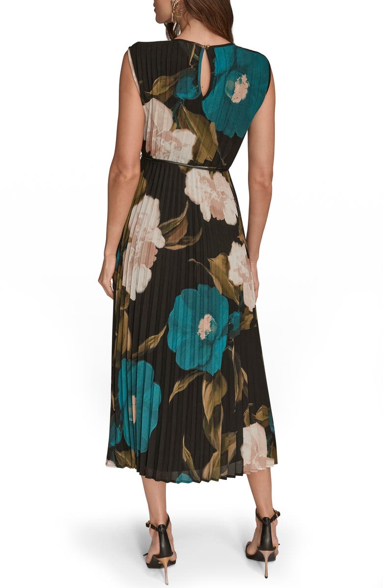 Donna Karan New York Floral Pleated Tie Belt Georgette Cocktail Dress, Alternate, color, Midnight Green