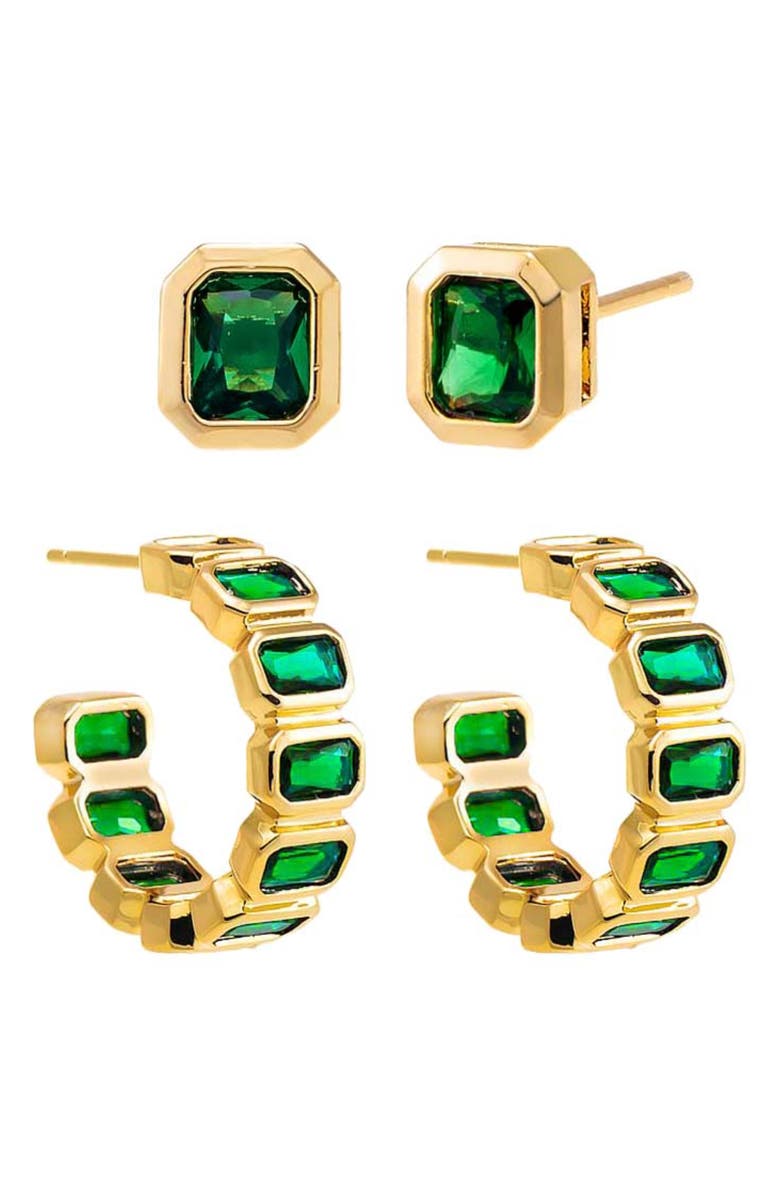 BY ADINA EDEN Bezel Frame Baguette Stud & Hoop Earrings Set, Main, color, 