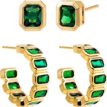 BY ADINA EDEN Bezel Frame Baguette Stud Hoop Earrings Set