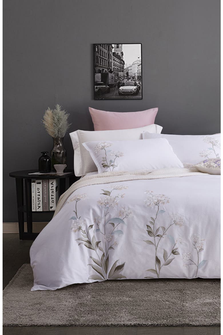 White Hydrangea Embroidery Cotton Duvet Cover Set, Alternate, color, WHITE/ WHITE