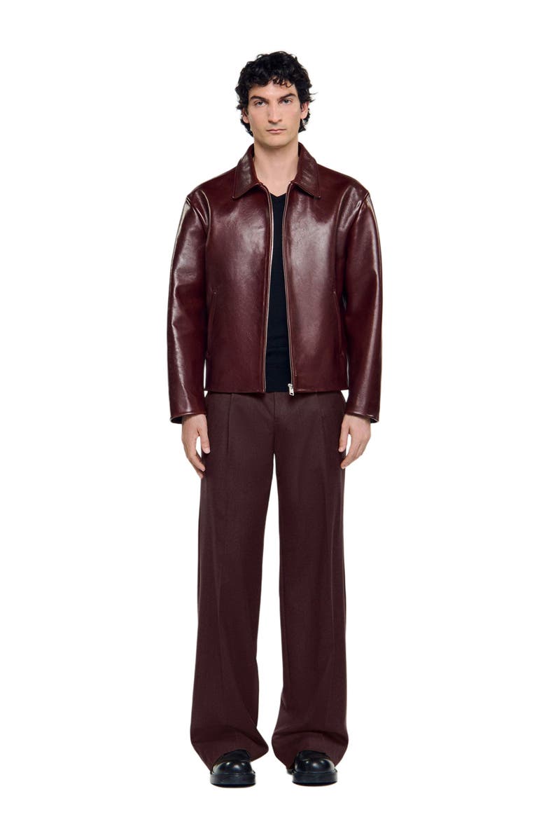 SANDRO Classic zip-up leather jacket, Alternate, color, Cognac