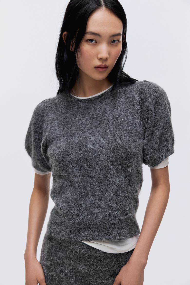 Knitted Puff-sleeved Top, Alternate, color, Gray melange