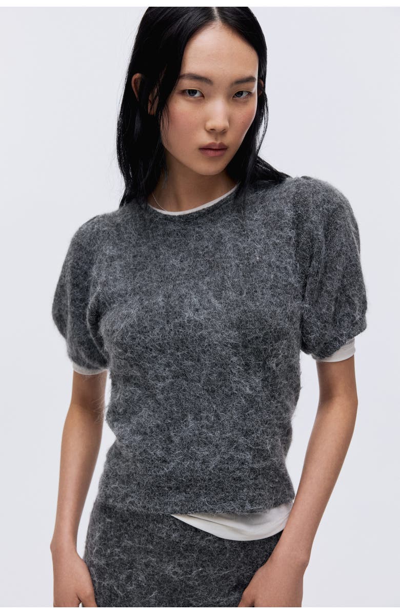 H&M Knitted Puff-sleeved Top, Alternate, color, Gray Melange