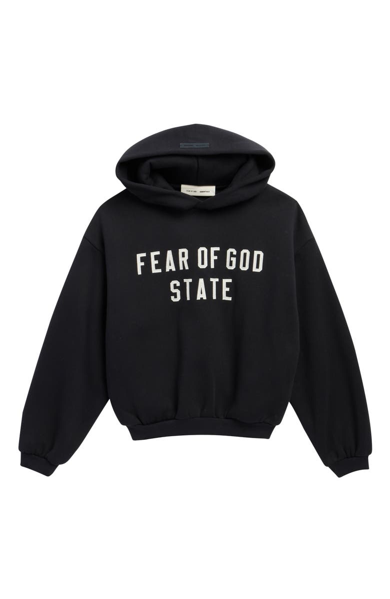 Fear of God Essentials Kids' '90s Fit Graphic Fleece Hoodie, Main, color, Jet Black