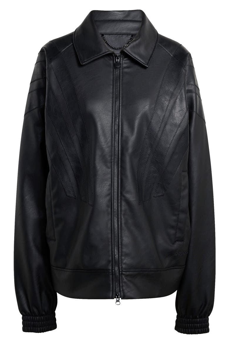 Three-Stripe Faux Leather Jacket, Alternate, color, BLACK