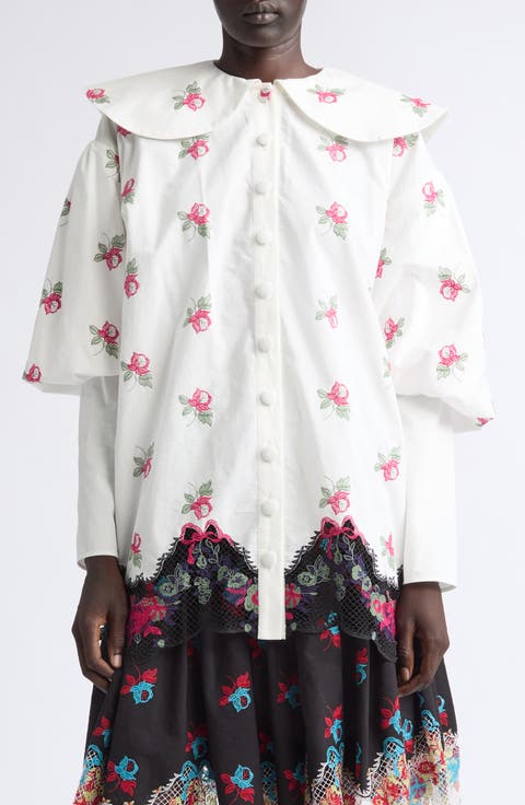 Pick-Ups Lace Trim Floral Cotton Shirt