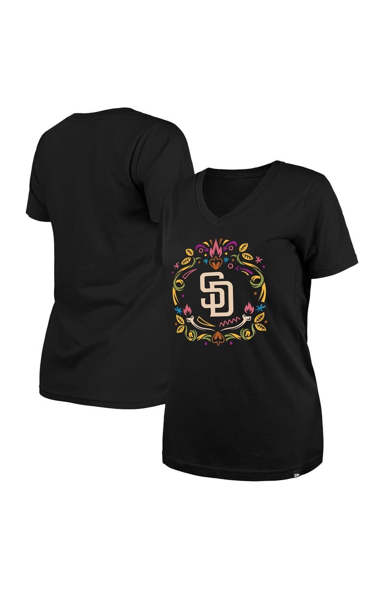 New Era Women's New Era Black San Diego Padres Día de los Muertos V-Neck T-Shirt, Main, color, 