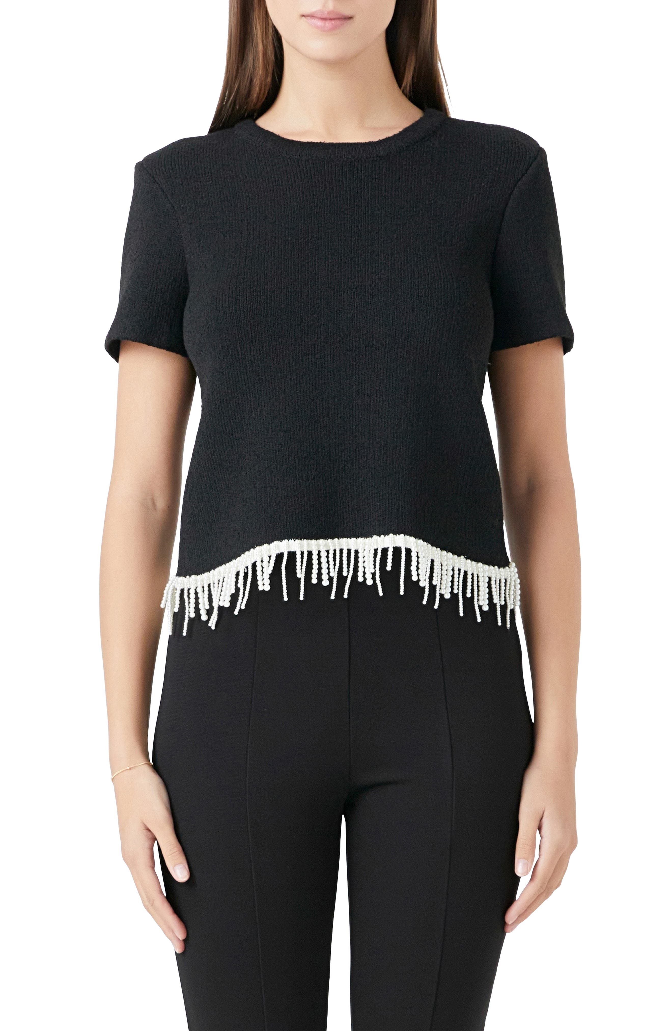 Imitation Pearl Hem Short Sleeve Sweater