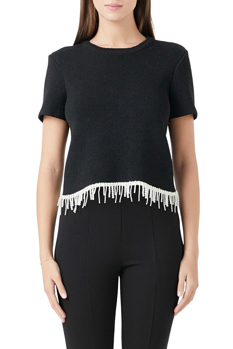 Imitation Pearl Hem Short Sleeve Sweater, Main, color, BLACK