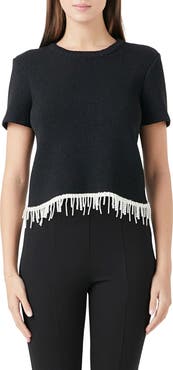 Endless Rose Imitation Pearl Hem Short Sleeve Sweater