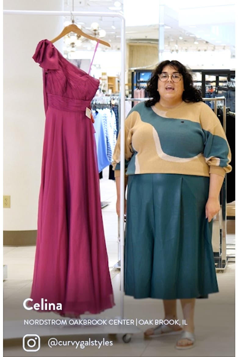 One Shoulder Pleated Chiffon Gown with Draped Waist and High Slit video