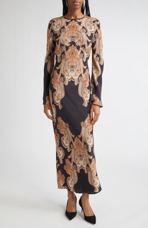 Lupita Tapestry Print Long Sleeve Silk Blend Dress
