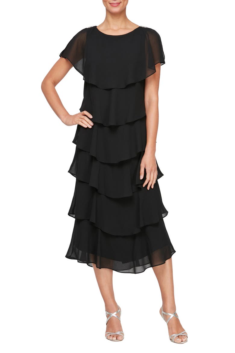 Tiered Chiffon Midi Dress, Main, color, BLACK
