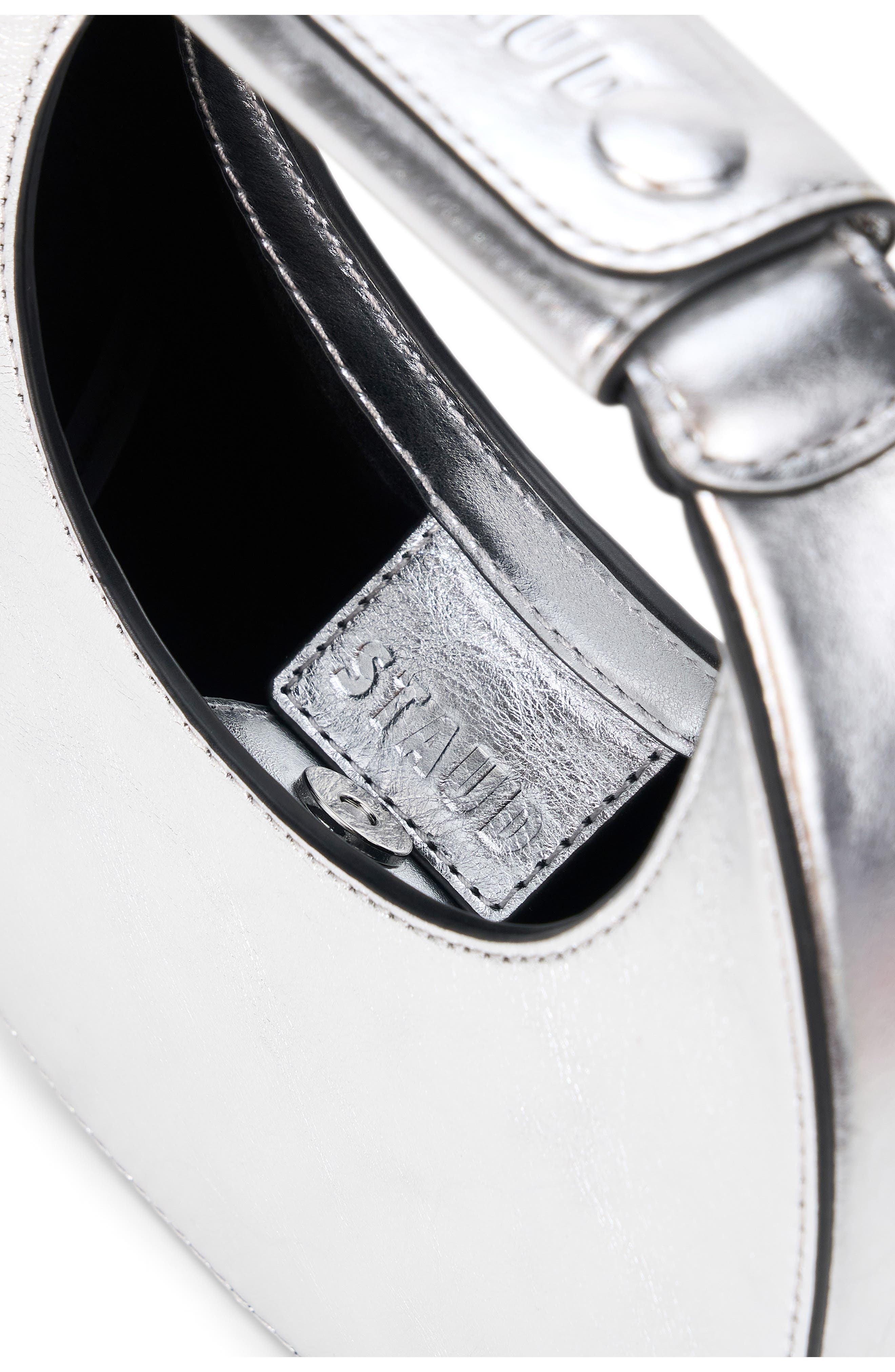 STAUD Good Night Moon Metallic Leather Top Handle Bag, Alternate, color, Silver