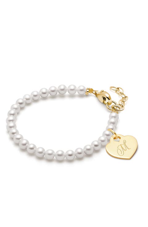 14K Gold 4mm Cultured Pearls & Engraved Initial 6.25" Bracelet