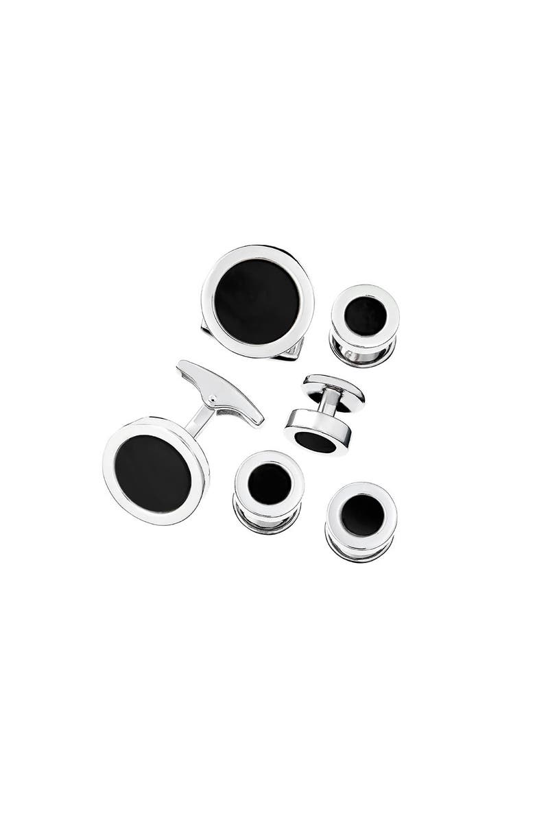 Jan Leslie Round Gemstone Inlay Sterling Cufflinks & Studs, Main, color, Black