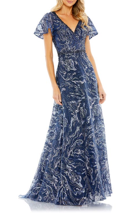 Embellished Illusion Butterfly Sleeve A-Line Gown